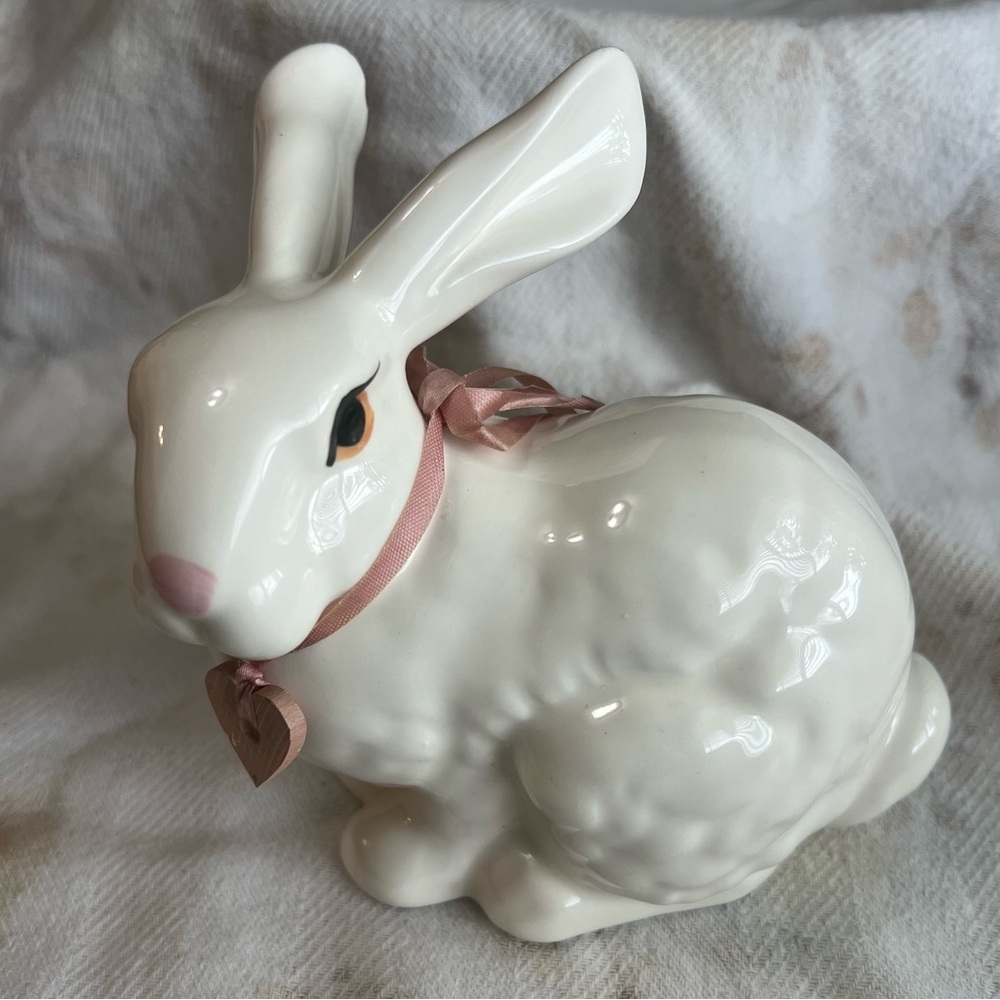 Vintage - White Ceramic Bunny with Pink Ribbon ( Made in USA )